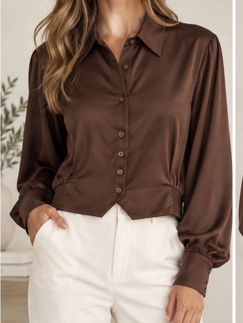 LUCCA Satin Button-Down Crop Shirt in Chocolate Brown